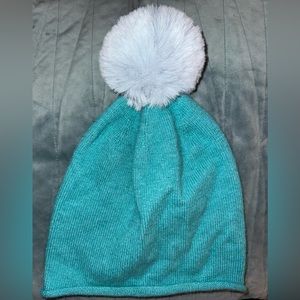 Turquoise Beanie with Faux Fur Puff Ball